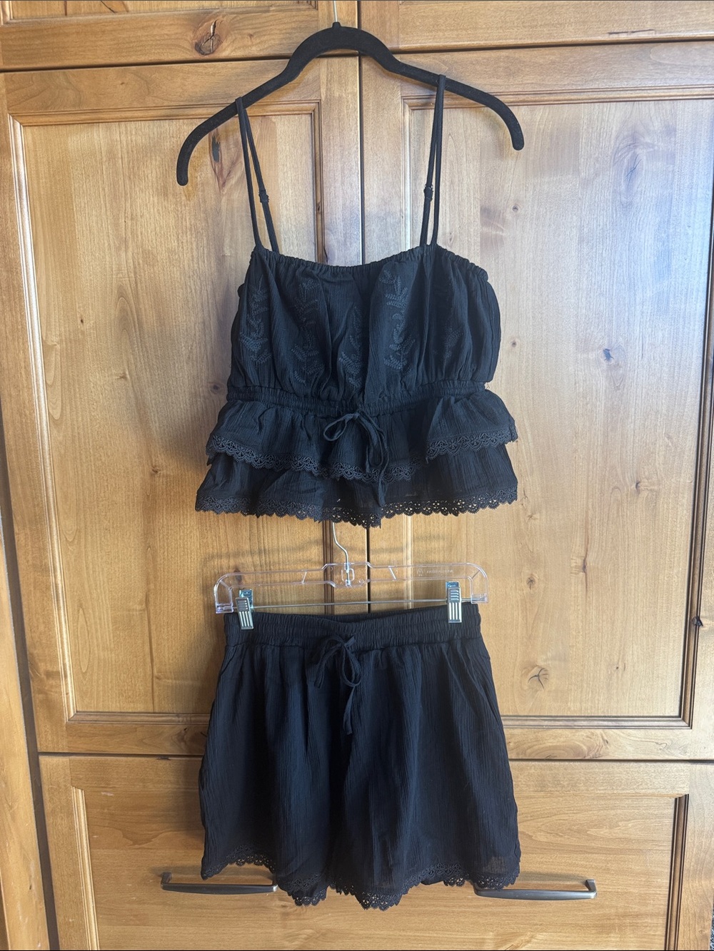 Mable Black Embroidered Lace-Trim Peplum Tank & Shorts Set